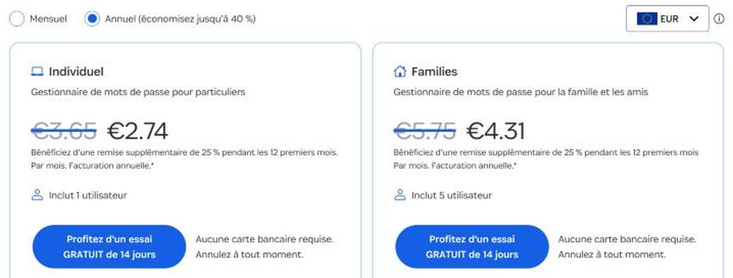 Page tarifs officielle de 1Password pour les particuliers (capture du 23 octobre 2026) : Individual à 2,74 € par mois la première année au lieu de 3,65 €, Families à 4,31 € au lieu de 5,75 €, essai gratuit de 14 jours