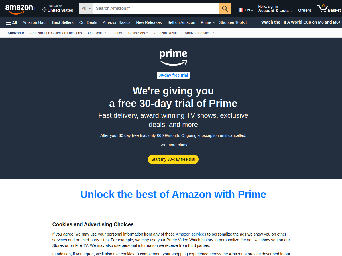 Page officielle Amazon Prime sur amazon.fr (capture du 17 juillet 2026) : 30 jours d'essai gratuit puis 6,99 €/mois, soit 69,90 €/an en formule annuelle