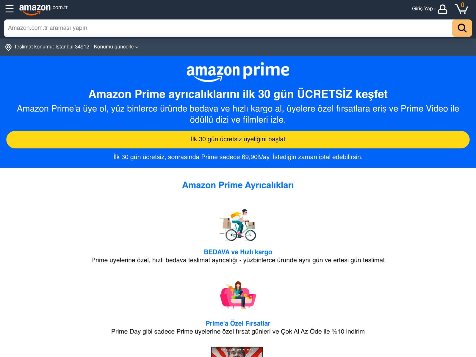 Page Amazon Prime officielle sur amazon.com.tr (capture du 17 juillet 2026) : 30 jours gratuits puis « Prime sadece 69,90 TL/ay », soit environ 1,50 €/mois