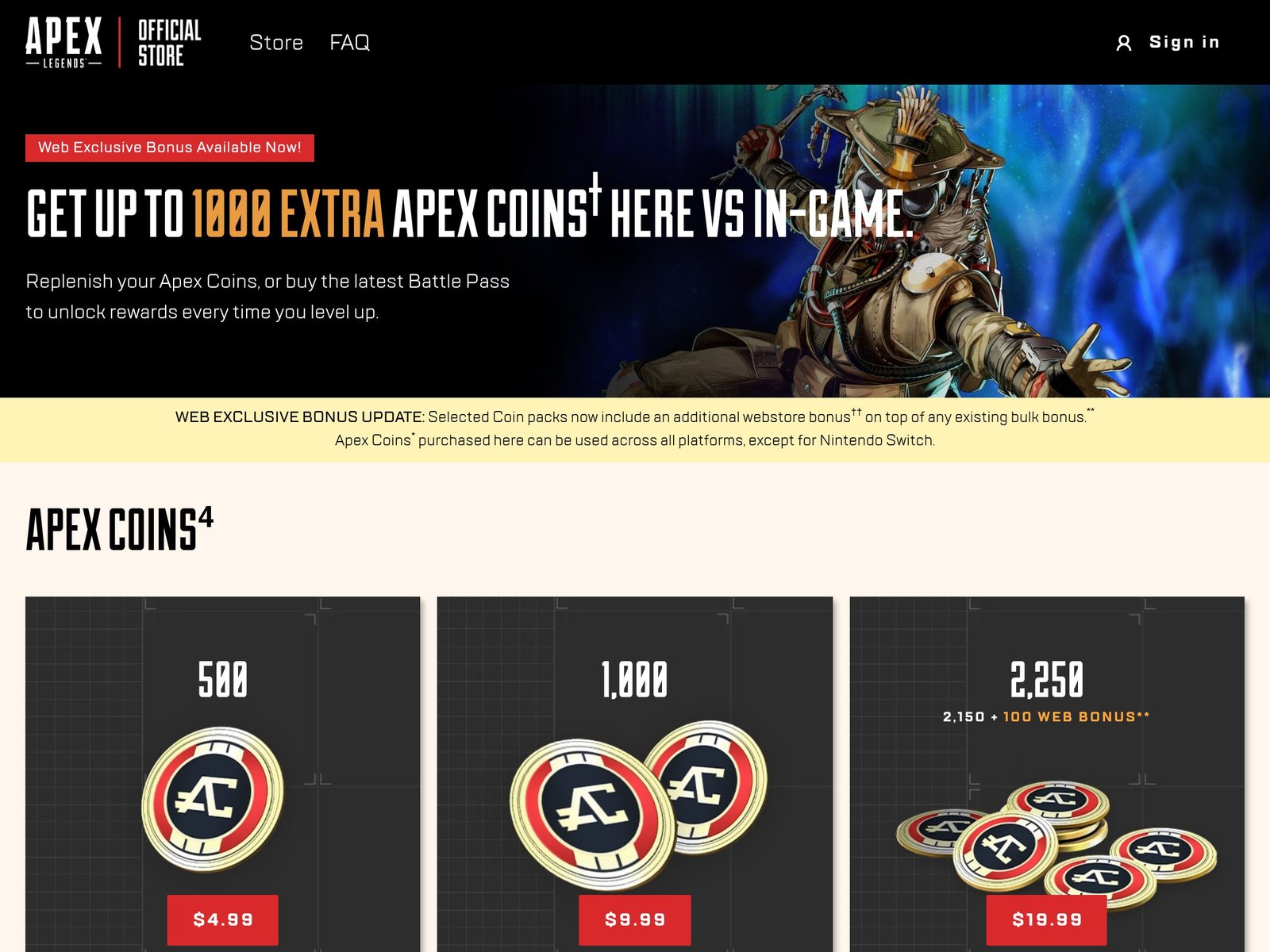 Store officiel Apex Legends (store.ea.com), capture du 8 septembre 2026 : packs 500, 1 000 et 2 250 Apex Coins à 4,99 $, 9,99 $ et 19,99 $, avec bandeau « Web Exclusive Bonus » annonçant jusqu'à 1 000 coins offerts en plus par rapport à l'achat en jeu