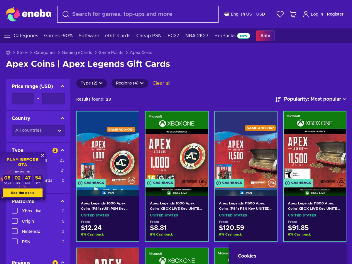 Page « Apex Coins » du marketplace Eneba (capture du 8 septembre 2026) : clés 1 000 et 11 500 Apex Coins en versions PSN et Xbox Live, à partir de 8,81 $ pour le pack Xbox 1 000 coins et 91,85 $ pour le pack Xbox 11 500 coins, avec 6 % de cashback affiché