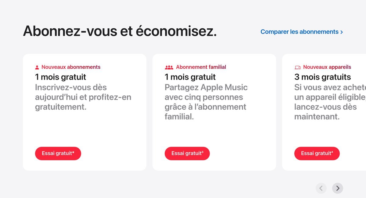 Page officielle Apple Music sur apple.com/fr (capture du 8 septembre 2026) : la section « Abonnez-vous et économisez » met en avant les mois gratuits mais n'affiche aucun prix chiffré publiquement, le tarif dépendant du pays de l'Apple ID connecté