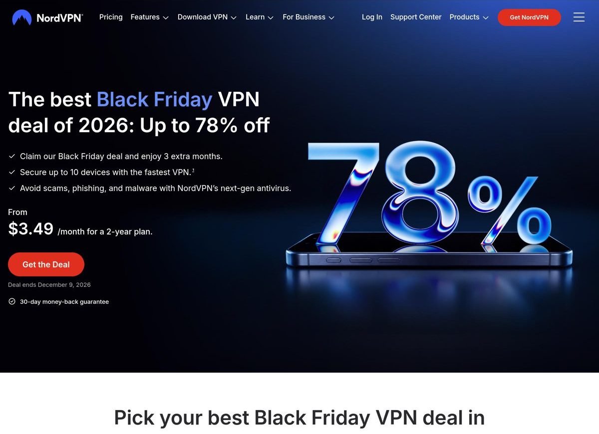 NordVPN page “The best Black Friday VPN deal of 2026” (screenshot of October 22, 2026 taken from a US IP address, prices in dollars): up to 78% off, 3 extra months, deal ends December 9, 2026
