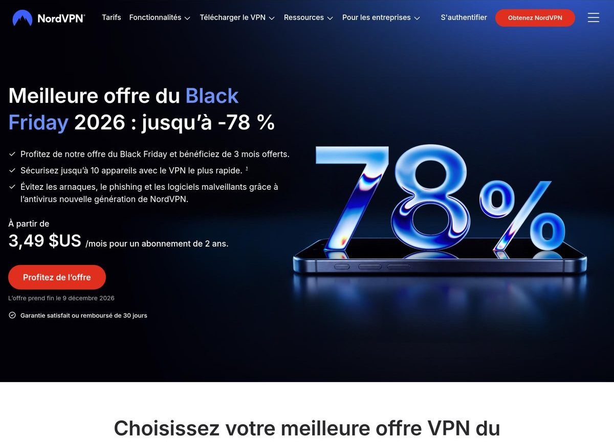Page « Meilleure offre du Black Friday 2026 » de NordVPN (capture du 22 octobre 2026 depuis une adresse IP américaine, prix affichés en dollars) : jusqu’à -78 %, 3 mois offerts, à partir de 3,49 $US par mois sur 2 ans, offre jusqu’au 9 décembre 2026