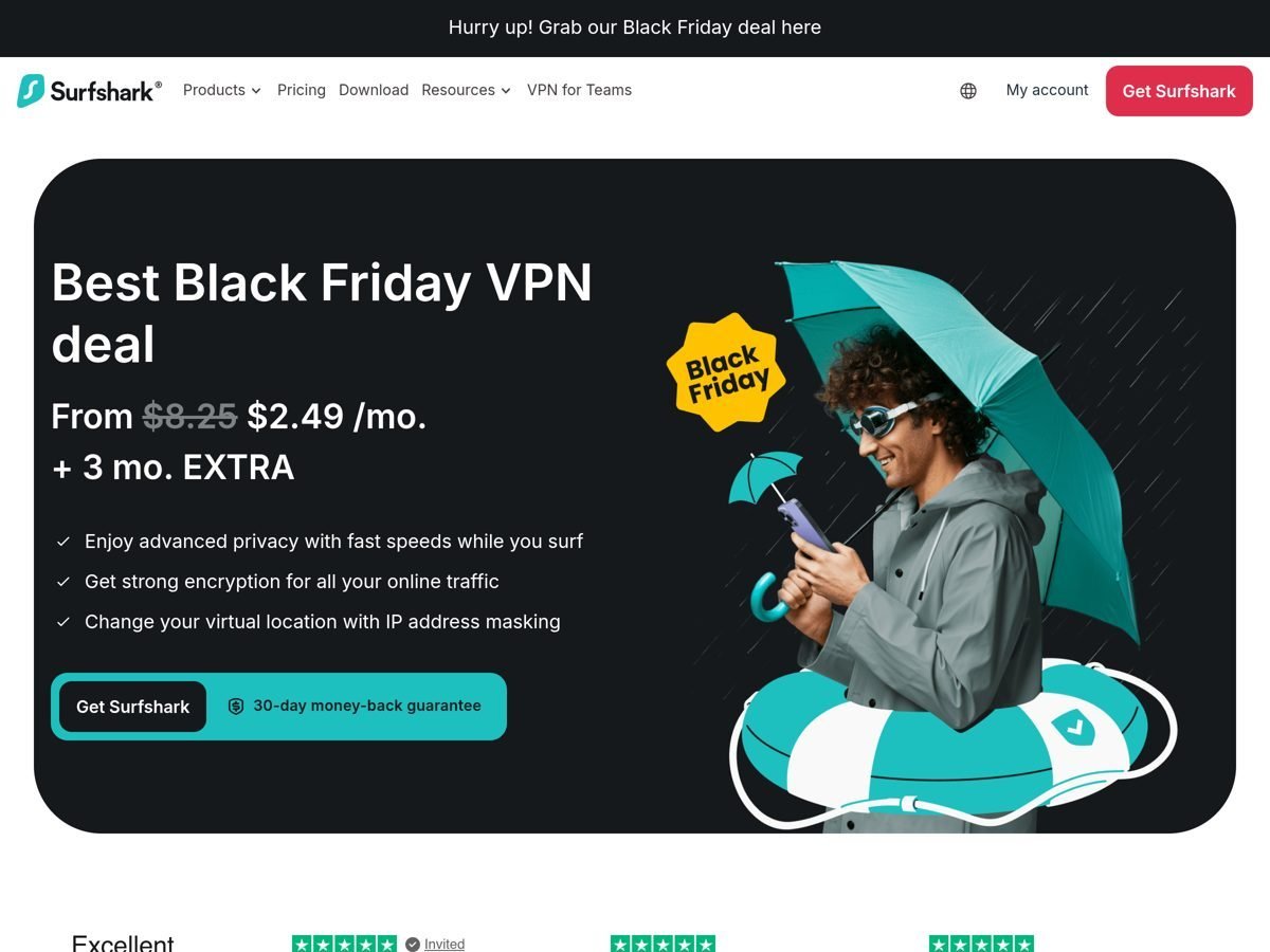 Surfshark page “Best Black Friday VPN deal” (screenshot of October 22, 2026 taken from a US IP address, prices in dollars): from $2.49 a month + 3 months extra, 30-day money-back guarantee