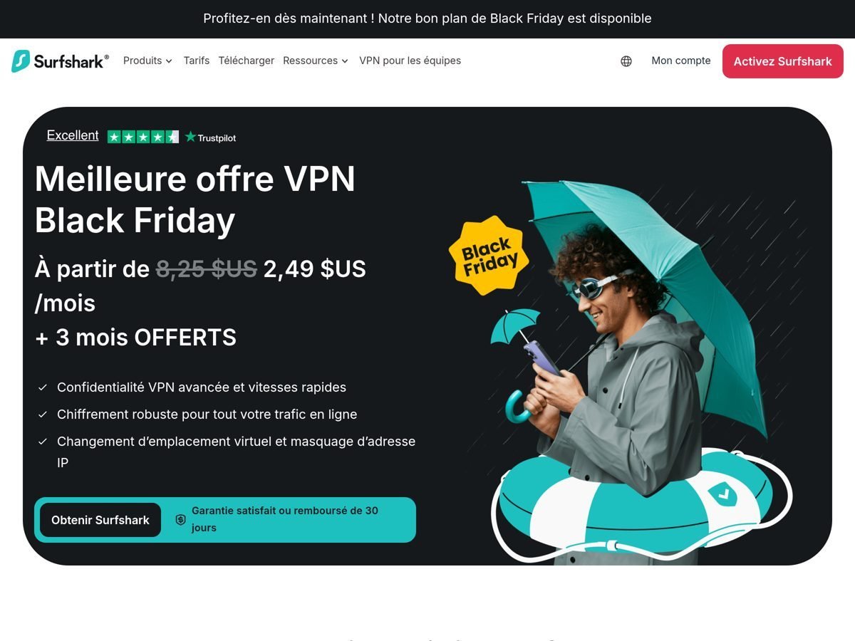 Page « Meilleure offre VPN Black Friday » de Surfshark (capture du 22 octobre 2026 depuis une adresse IP américaine, prix en dollars) : à partir de 2,49 $US par mois + 3 mois offerts, garantie de 30 jours