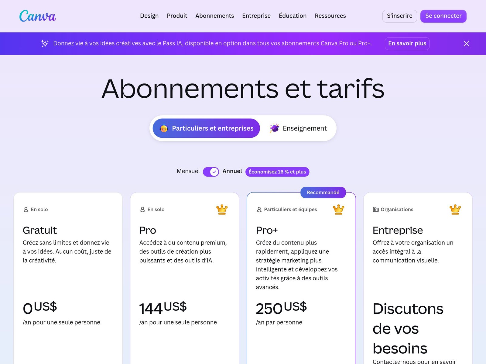 Canva's French pricing page viewed from a US IP (screenshot taken July 17, 2026): the interface is in French but prices show in US dollars. Proof that pricing follows your IP, not your language