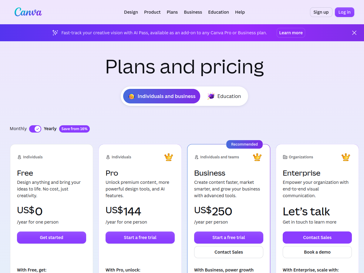 Official Canva pricing page (screenshot taken July 17, 2026): Canva Pro at US$144/year, Pro+ at US$250/year