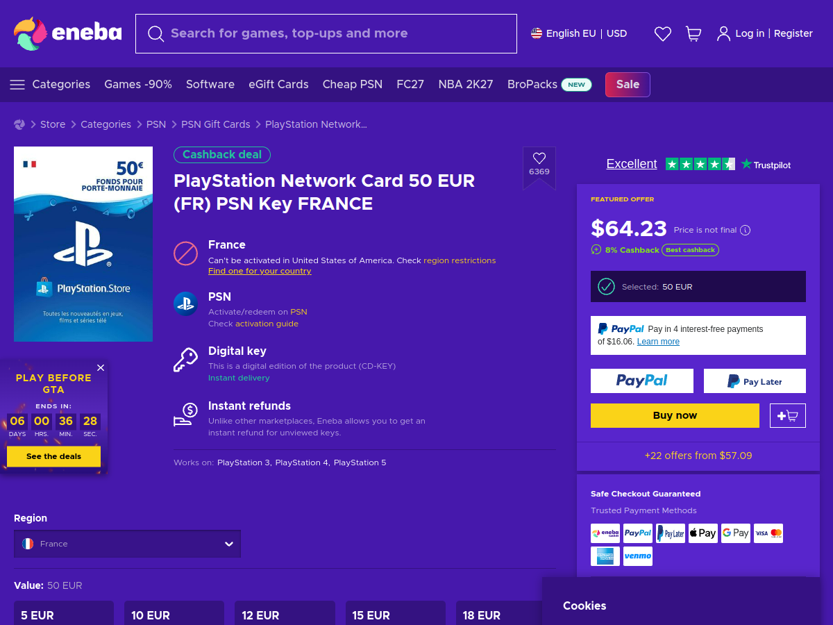 Eneba product page for a France PlayStation Network Card 50 EUR: featured offer at $64.23 with 8% cashback and over 22 other offers available from $57.09 (screenshot taken September 8, 2026, shown in dollars based on the browser location used for the capture)