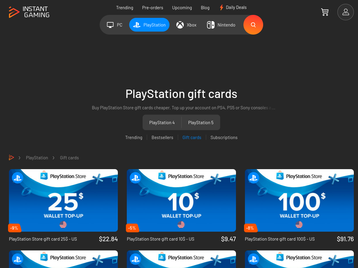PlayStation gift cards page on Instant Gaming, showing US wallet top-up cards at $25 (-9%, $22.84), $10 (-5%, $9.47) and $100 (-8%, $91.76) (screenshot taken September 8, 2026)