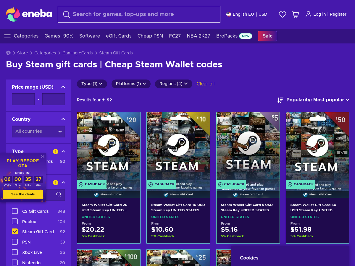 Page Eneba « Buy Steam gift cards | Cheap Steam Wallet codes » (capture du 8 septembre 2026) : cartes Steam Wallet 5, 10, 20 et 50 dollars US affichées à 5,16 $, 10,60 $, 20,22 $ et 51,98 $, chacune avec 5 % de cashback