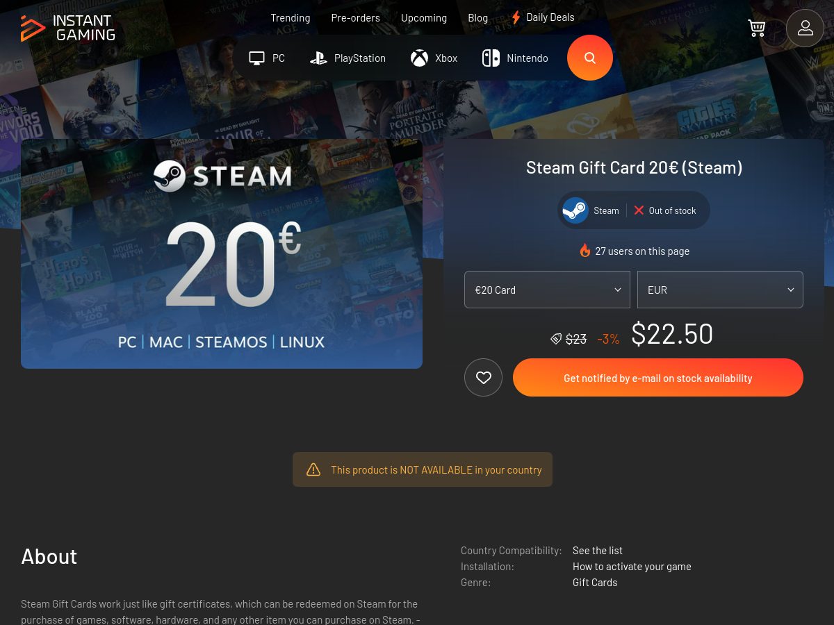 Page Instant Gaming pour la carte cadeau Steam 20 € (Steam), capture du 8 septembre 2026 : badge de réduction -3 % affiché sur le prix, ici converti et restreint selon la localisation du navigateur utilisé pour la capture ; consultée en euros depuis la France, cette même carte revenait à 19,49 €