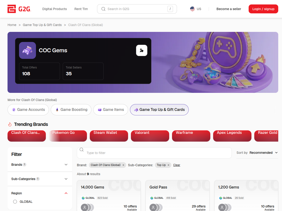 Page « COC Gems » sur la marketplace G2G.com (capture du 8 septembre 2026) : 108 offres actives, paliers de 80 à 14 000 gemmes affichés avec leur prix de départ