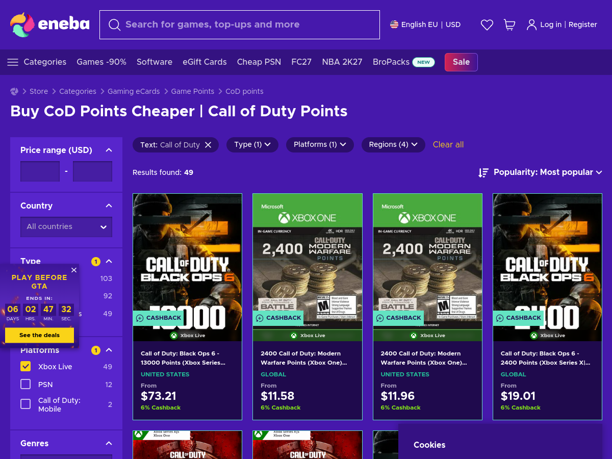 Page marketplace Eneba listant des CoD Points en clés Xbox, dont 2 400 points Modern Warfare dès 11,58 dollars et 13 000 points Black Ops 6 dès 73,21 dollars (capture du 8 septembre 2026)