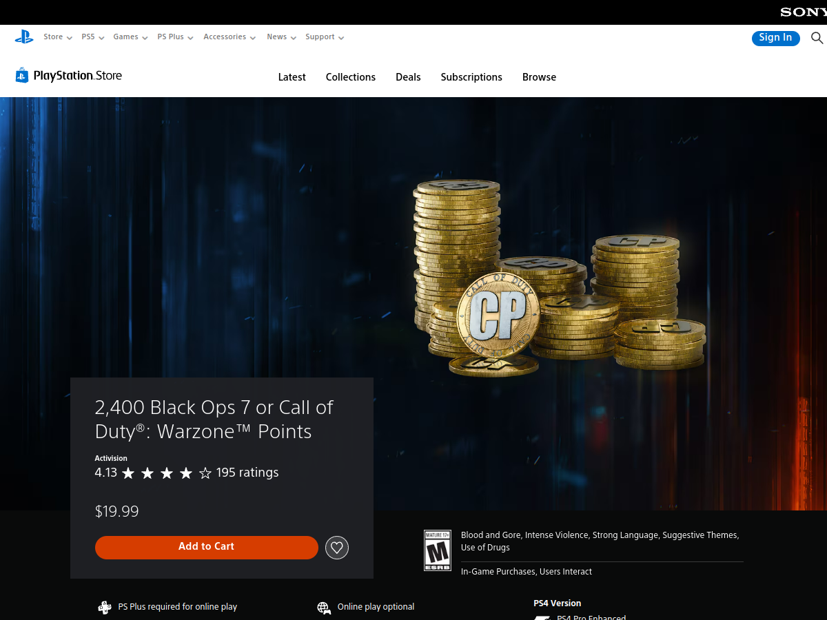 Page officielle du PlayStation Store pour le pack de 2 400 CoD Points (Black Ops 7 / Warzone), affiché à 19,99 dollars (capture du 8 septembre 2026)
