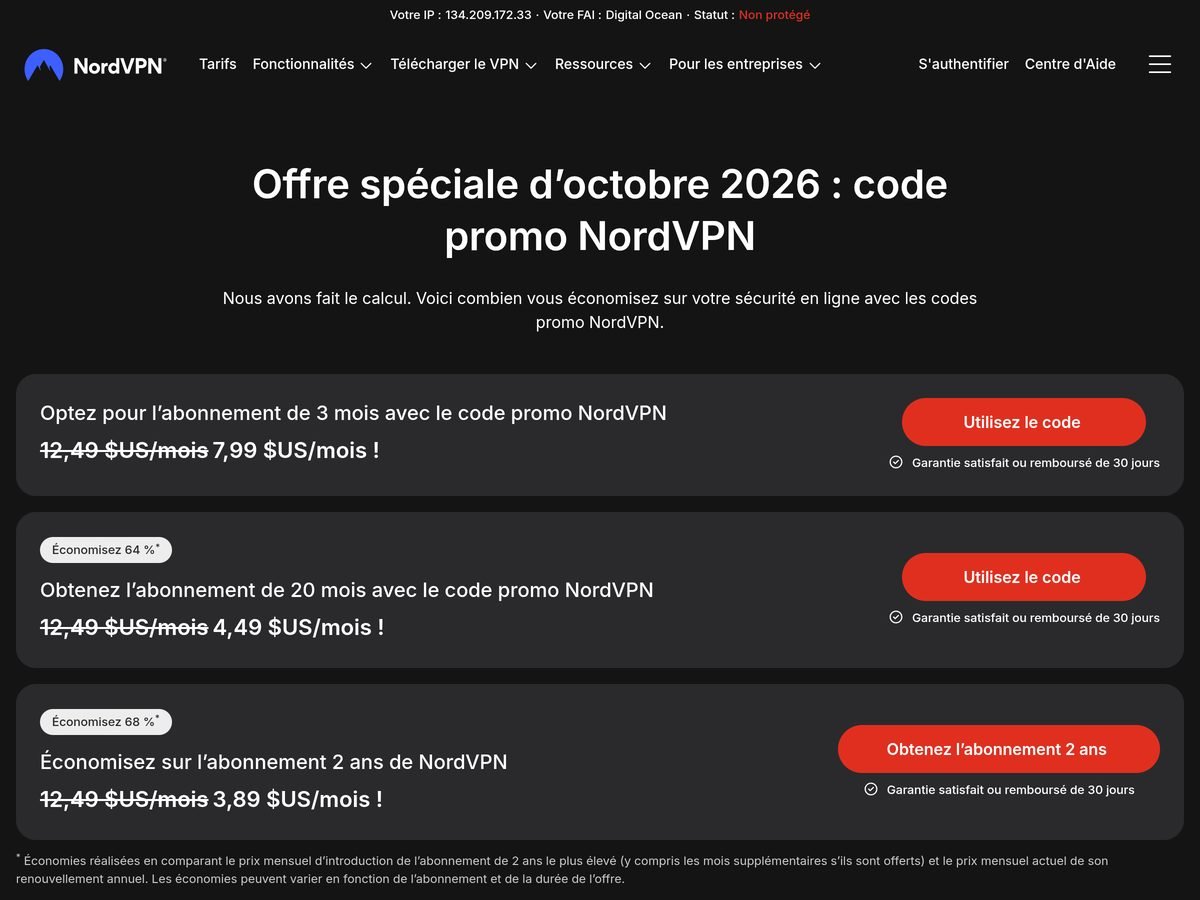 Page officielle NordVPN « Offre spéciale d’octobre 2026 : code promo NordVPN » (capture du 18 octobre 2026 depuis une adresse IP américaine, prix affichés en dollars : 7,99 $ le mois sur 3 mois, 4,49 $ sur 20 mois, 3,89 $ sur 2 ans)