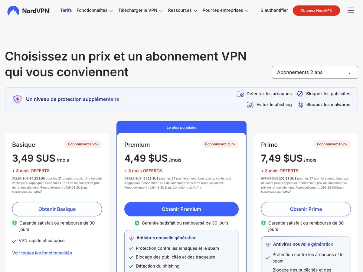 Page tarifs de NordVPN en français (capture du 18 octobre 2026 depuis une adresse IP américaine, prix en dollars) : Basique 2 ans à 3,49 $US par mois, 94,23 $US pour les 27 premiers mois, renouvellement à 139,08 $US par an