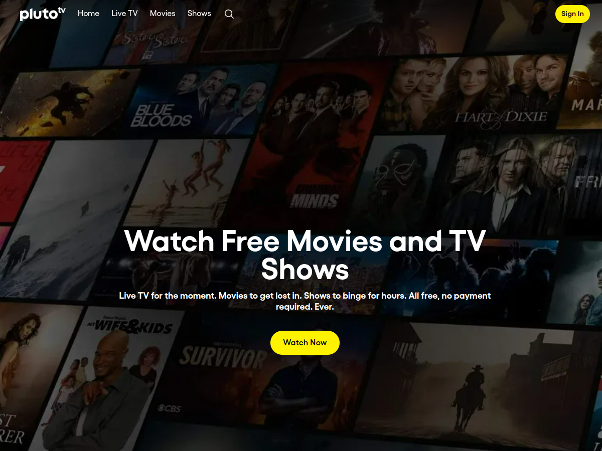 Page d'accueil de Pluto TV, plateforme légale de films et séries gratuits financée par la publicité