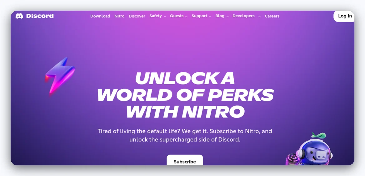 Page officielle Discord Nitro : « Unlock a world of perks with Nitro » et l'offre Nitro Basic