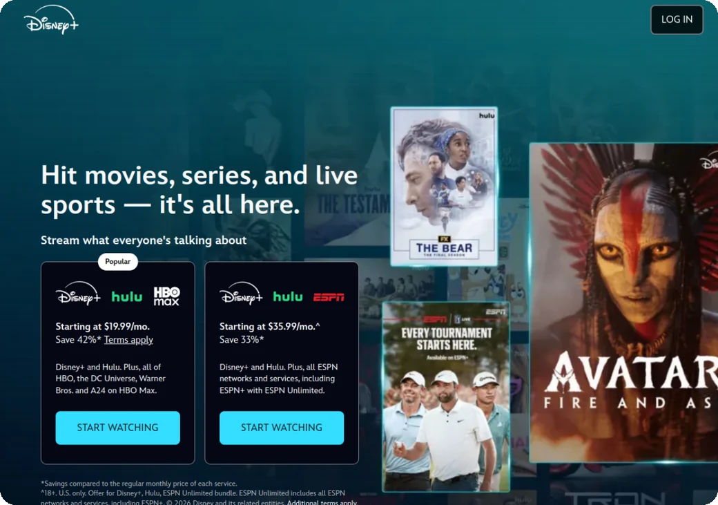 Disney+ bundle options on the official site, including the Disney+, Hulu and HBO Max bundle from $19.99/month and the Disney+, Hulu and ESPN bundle from $35.99/month