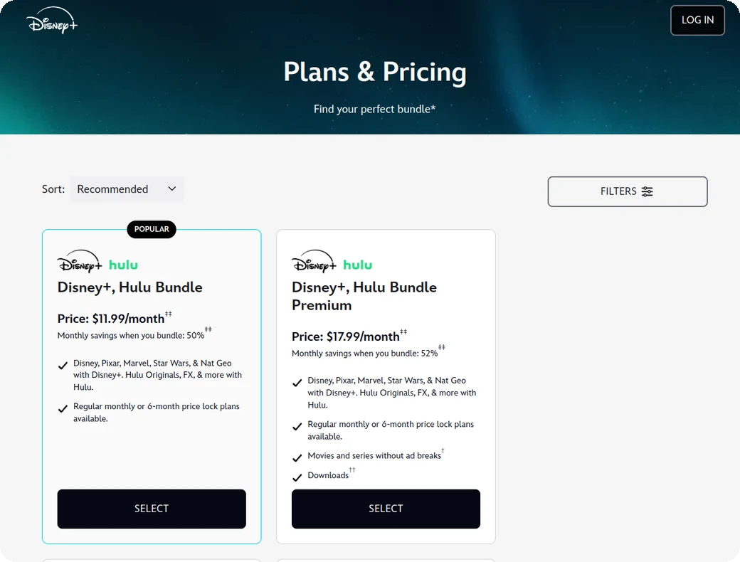 Disney+ Plans and Pricing page on the official site: the Disney+ and Hulu bundle shown at $11.99/month with ads and $17.99 ad-free with the 6-month price lock, plus the HBO Max bundle