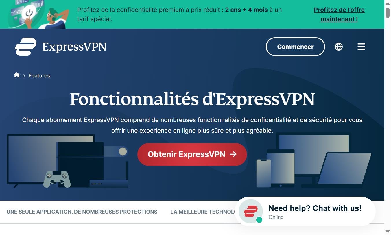 Fonctionnalités d'ExpressVPN — chaque abonnement comprend des fonctionnalités de confidentialité et de sécurité