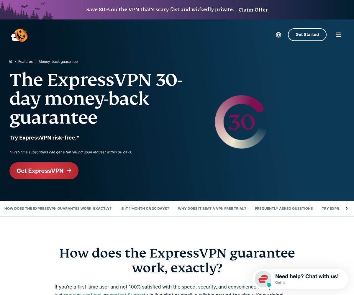 Official ExpressVPN page about the 30-day money-back guarantee, captured on October 24, 2026: “First-time subscribers can get a full refund upon request within 30 days”