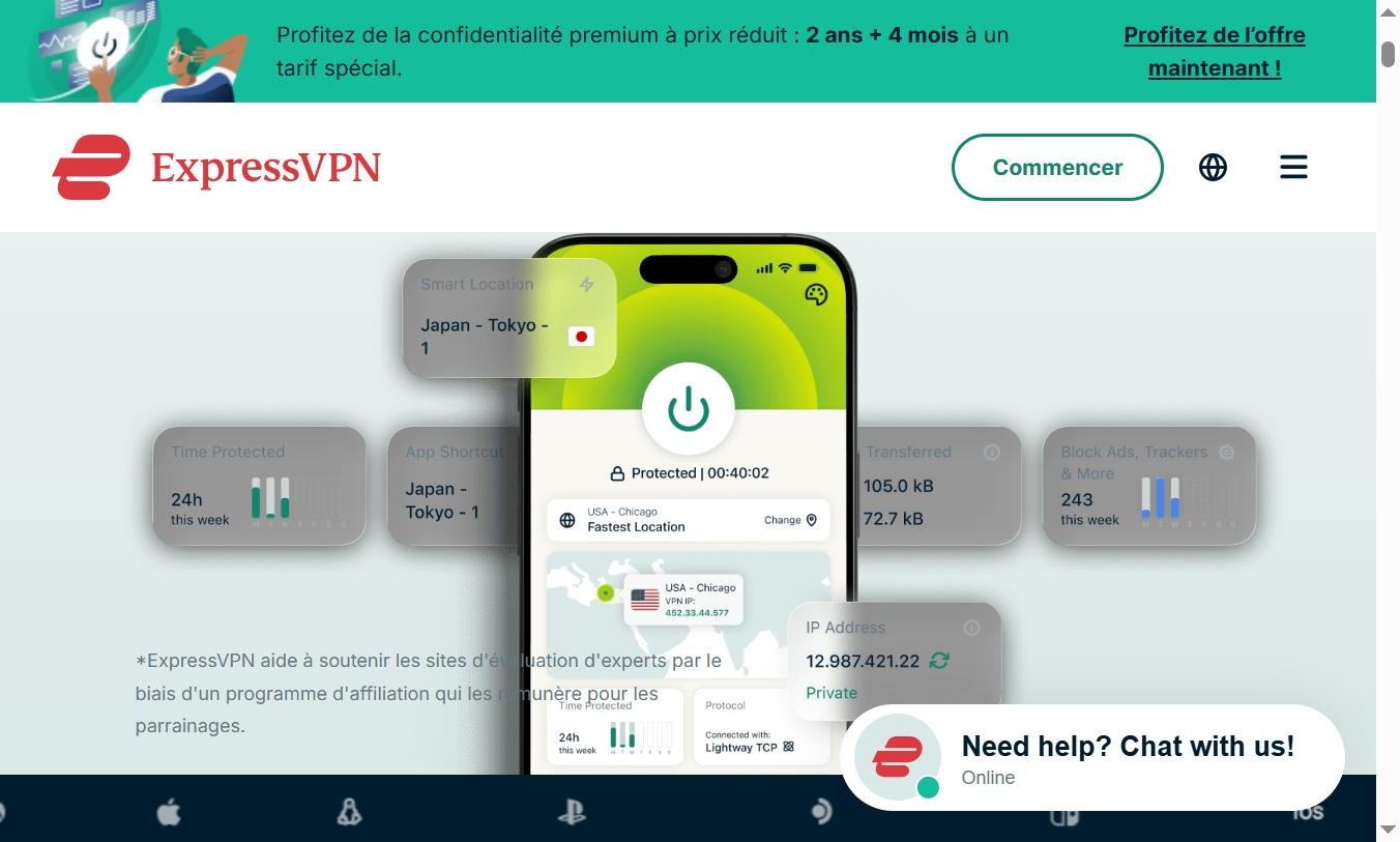 Interface ExpressVPN sur mobile — Smart Location, App Shortcut, statistiques de connexion en temps réel