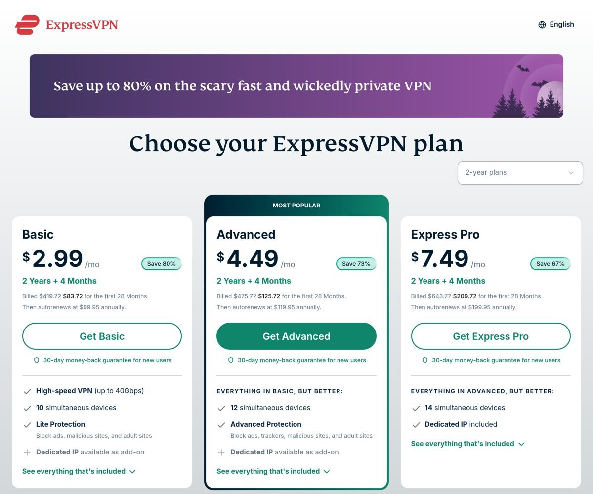 ExpressVPN pricing page in English, opened from a US IP address on October 24, 2026: the Basic, Advanced and Express Pro plans are shown in US dollars ($2.99, $4.49 and $7.49 per month)