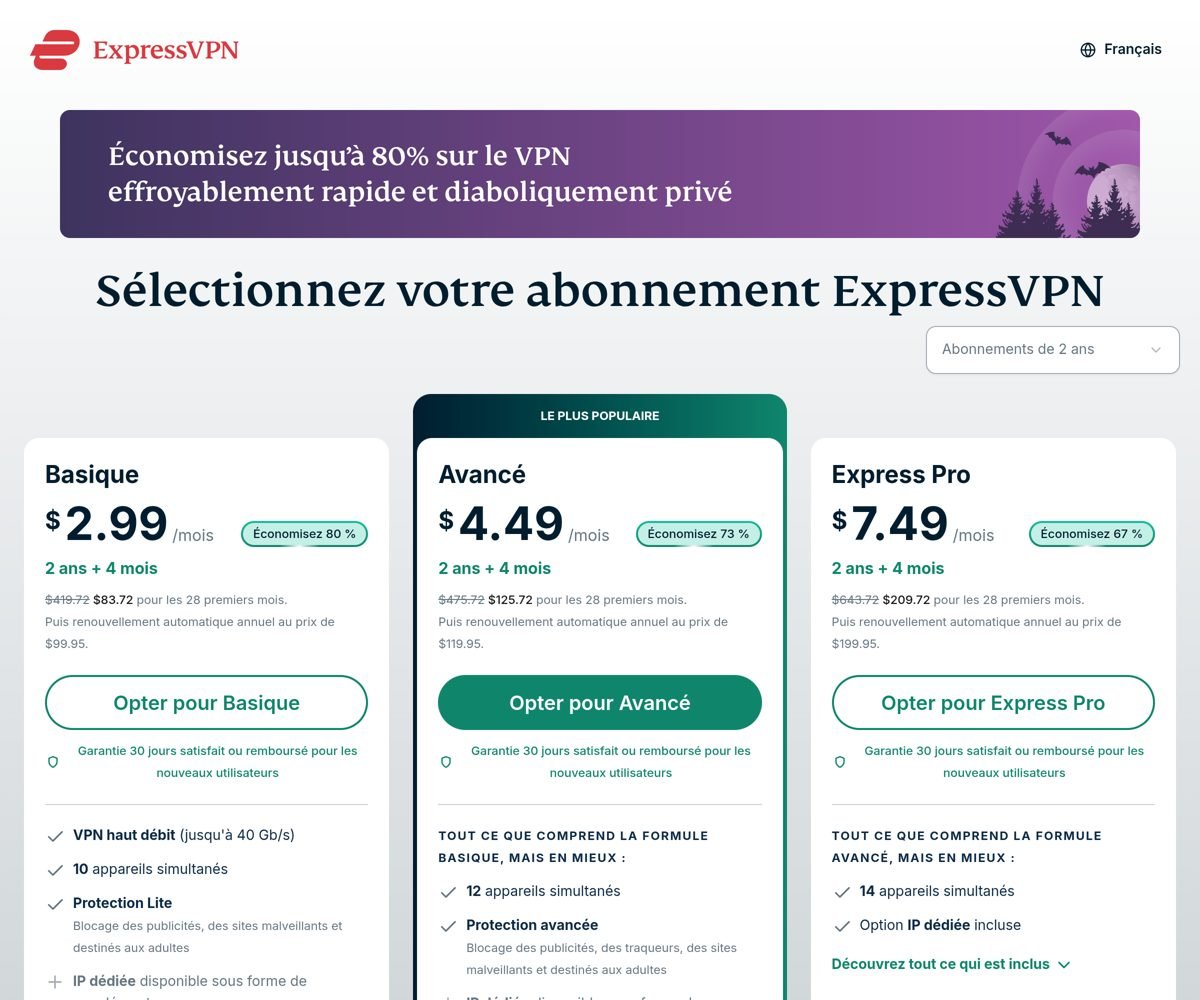 Page de commande ExpressVPN en français, consultée depuis une adresse IP américaine le 24 octobre 2026 : les prix sont affichés en dollars (2,99 $, 4,49 $, 7,49 $ par mois), avec la mention « Garantie 30 jours satisfait ou remboursé pour les nouveaux utilisateurs »