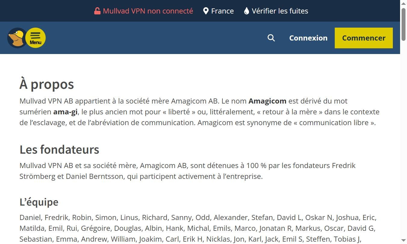Page À propos de Mullvad — fondateurs Fredrik Strömberg et Daniel Berntsson, société mère Amagicom AB