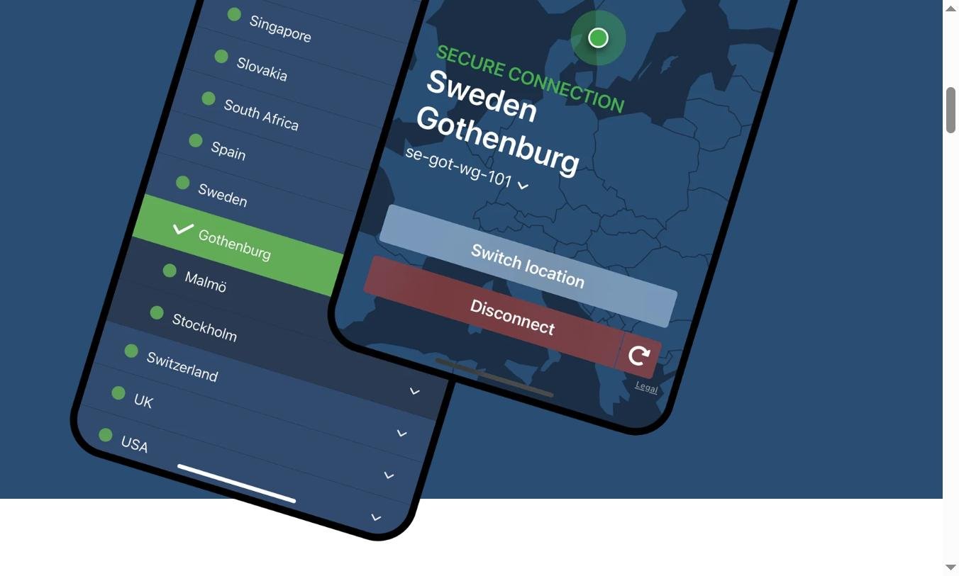 Application mobile Mullvad — connexion sécurisée Sweden Gothenburg, sélection de pays