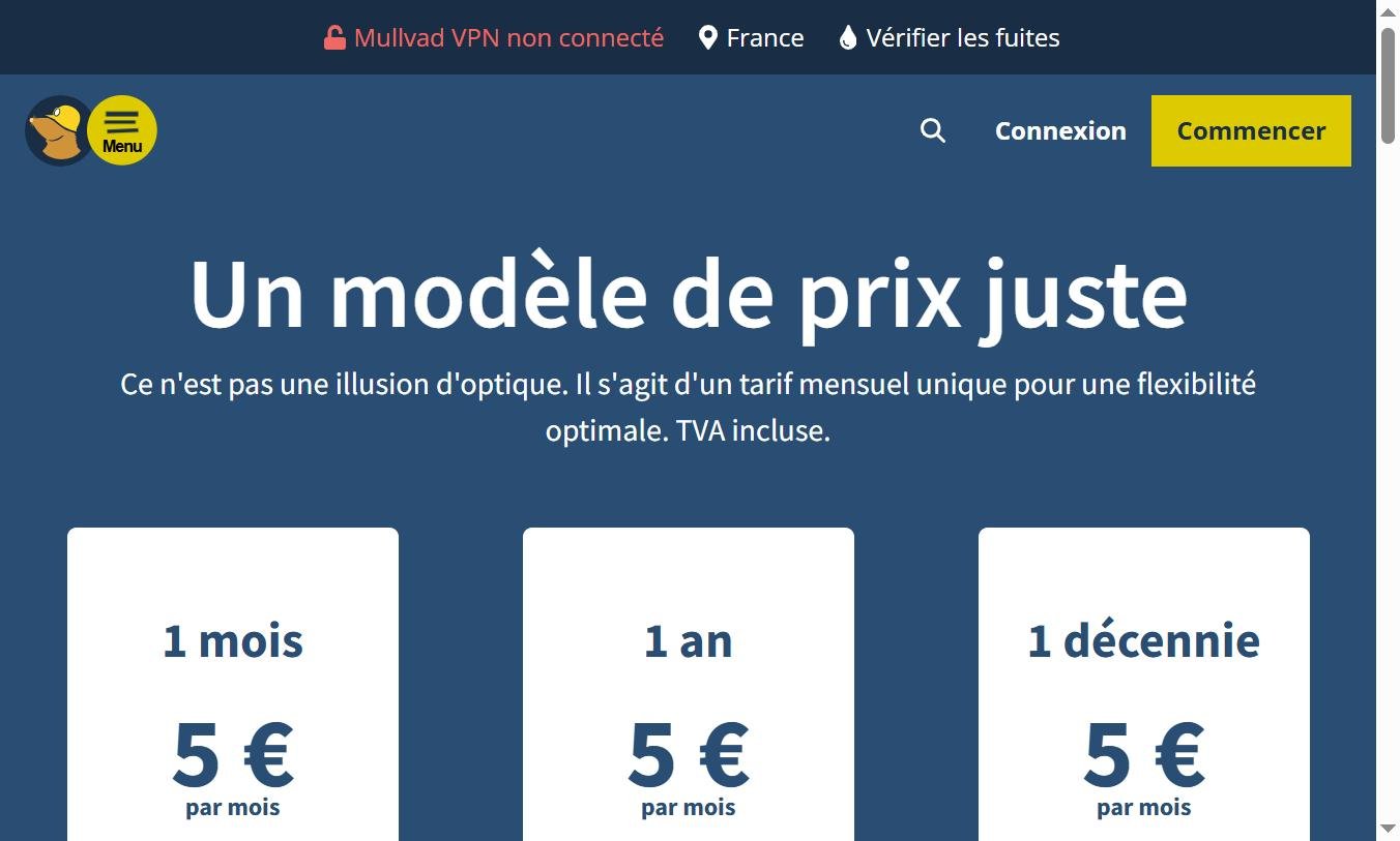 Page Tarifs Mullvad — un modèle de prix juste, 5€/mois sur 1 mois, 1 an ou 1 décennie