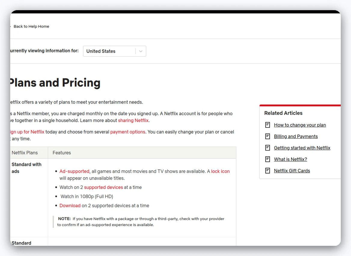 Page officielle Netflix Plans et tarifs