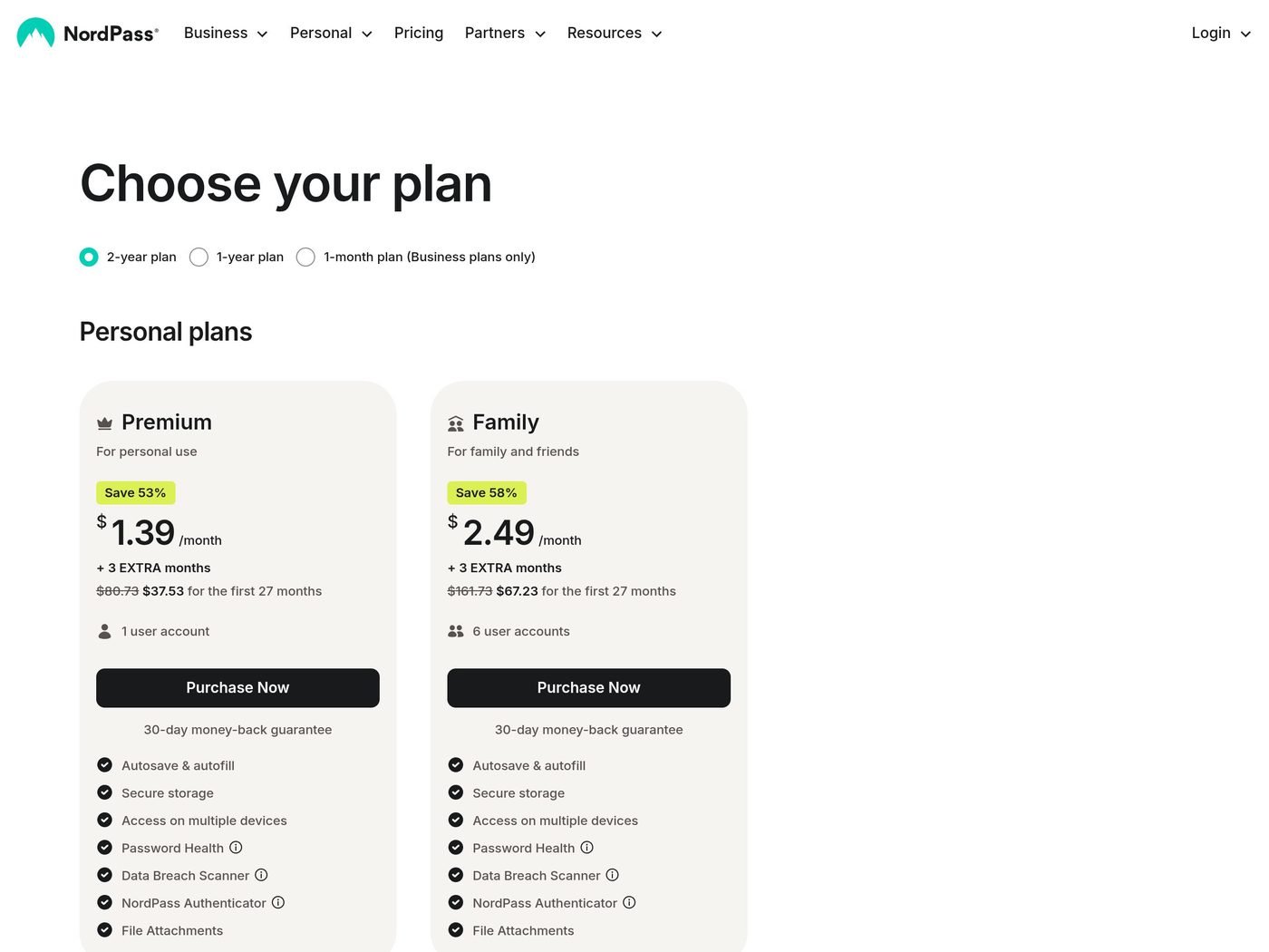 Official NordPass pricing page, 2-year plans (screenshot taken October 18, 2026 from a US IP address: Premium $1.39 and Family $2.49 per month, plus 3 extra months)