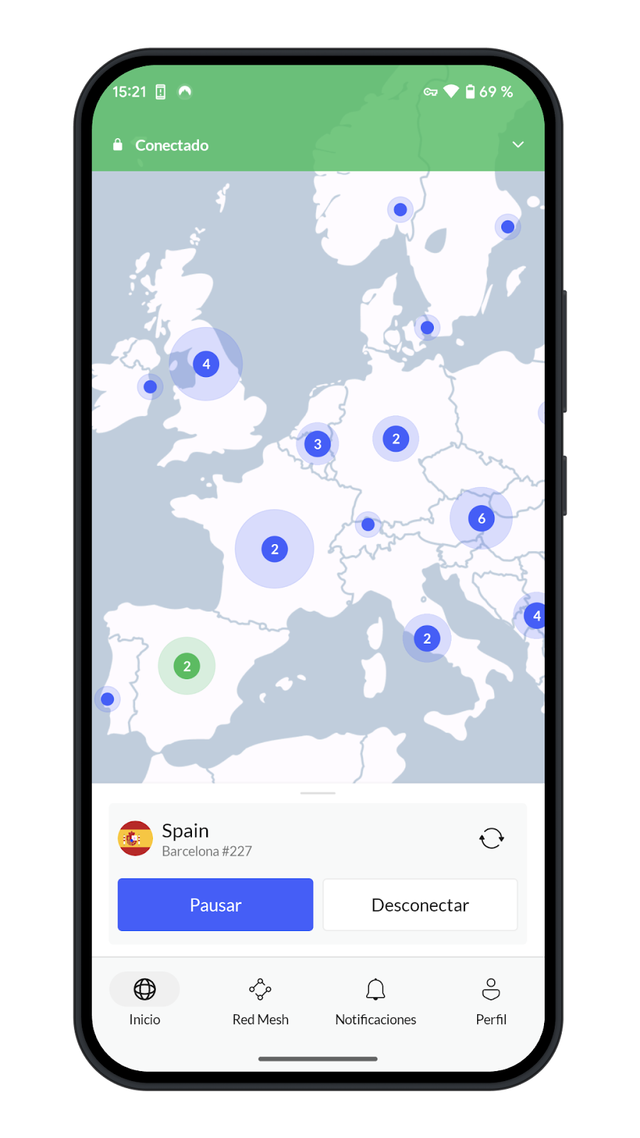 Application NordVPN sur Android, connectée : connexion rapide et carte des serveurs