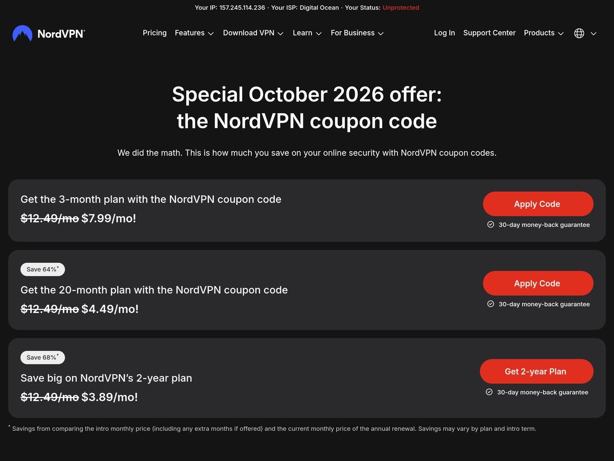 Official NordVPN page “Special October 2026 offer: the NordVPN coupon code” (screenshot of October 18, 2026 taken from a US IP address: $7.99 a month on the 3-month plan, $4.49 on 20 months, $3.89 on 2 years)