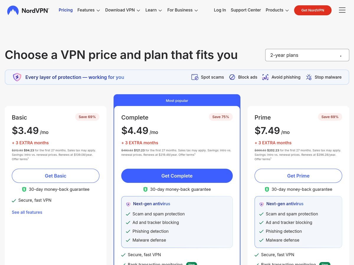 NordVPN pricing page (screenshot of October 18, 2026 taken from a US IP address, prices in dollars): Basic 2-year plan at $3.49 a month, $94.23 for the first 27 months, renewing at $139.08 a year