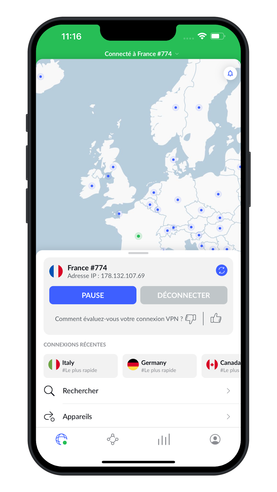 NordVPN app on iPhone (iOS), connected: native VPN profile, one-tap quick connect