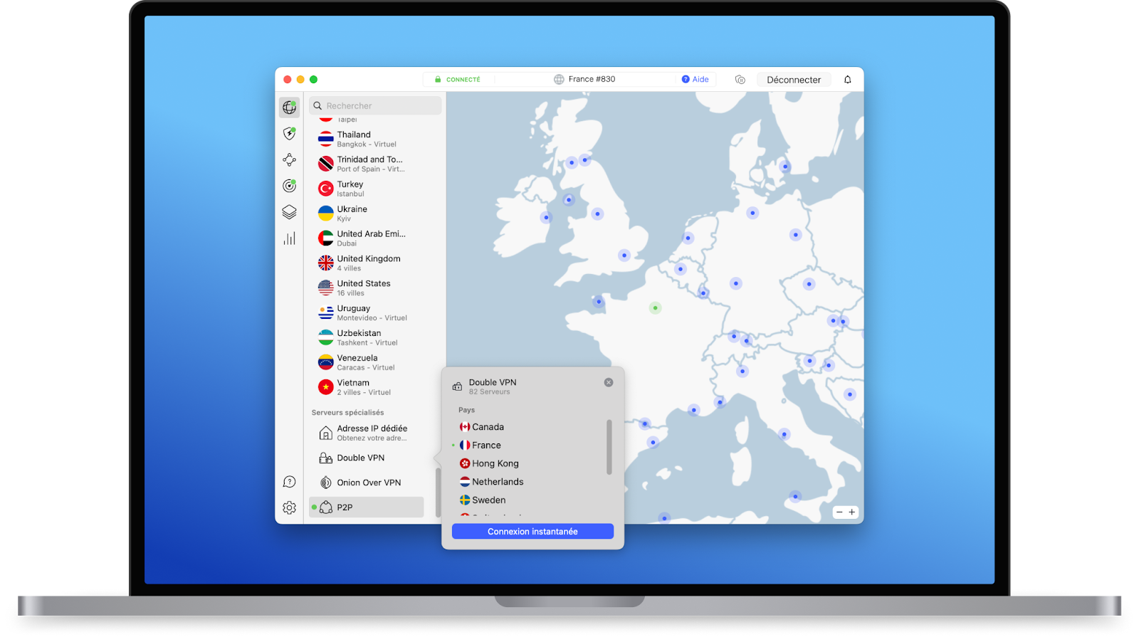 Application NordVPN (macOS) : serveurs spécialisés dont P2P, à privilégier pour le torrent
