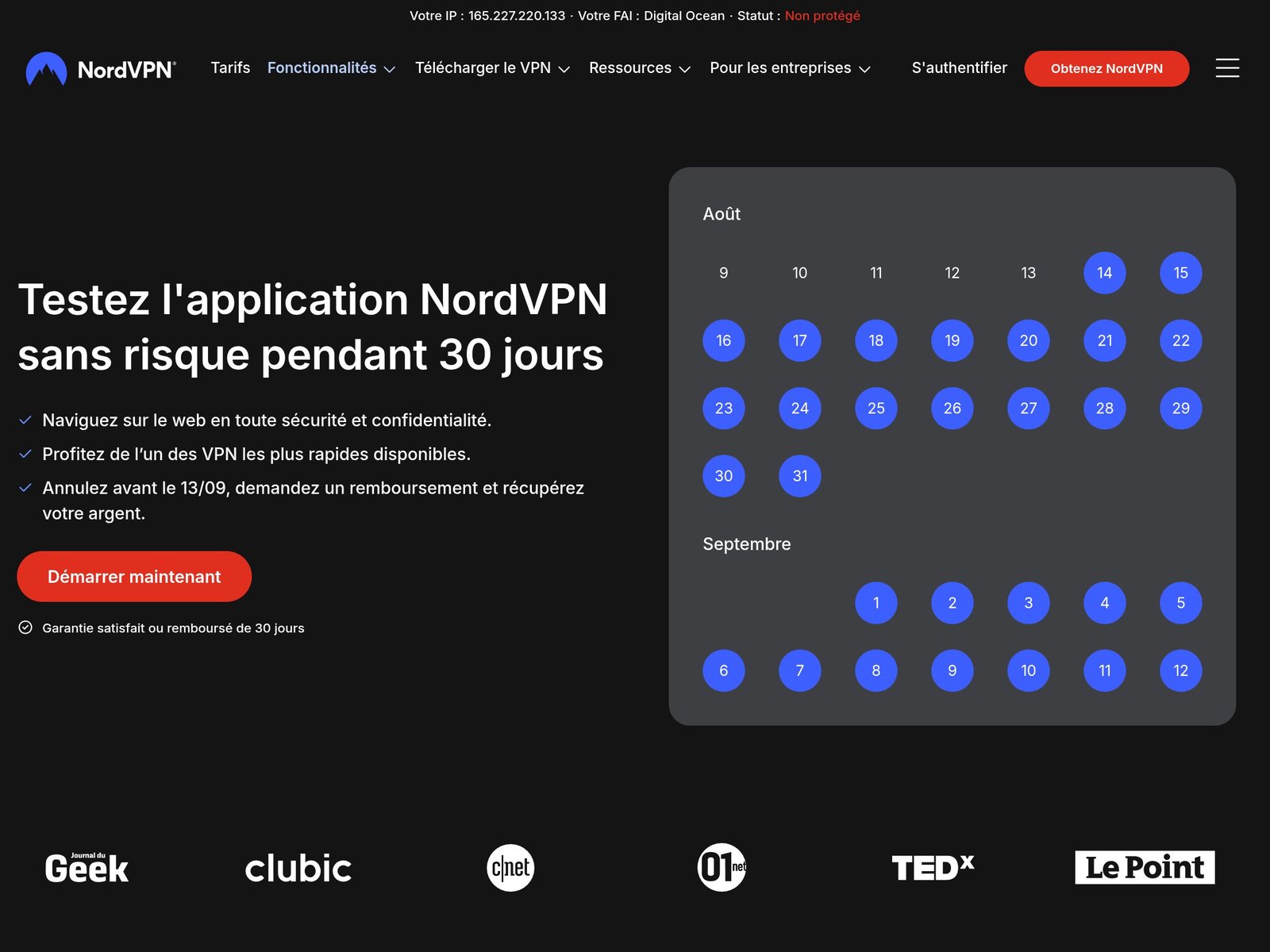 Official NordVPN "Test the app risk-free for 30 days" page (screenshot taken August 14, 2026): 30-day money-back guarantee, cancel before the deadline