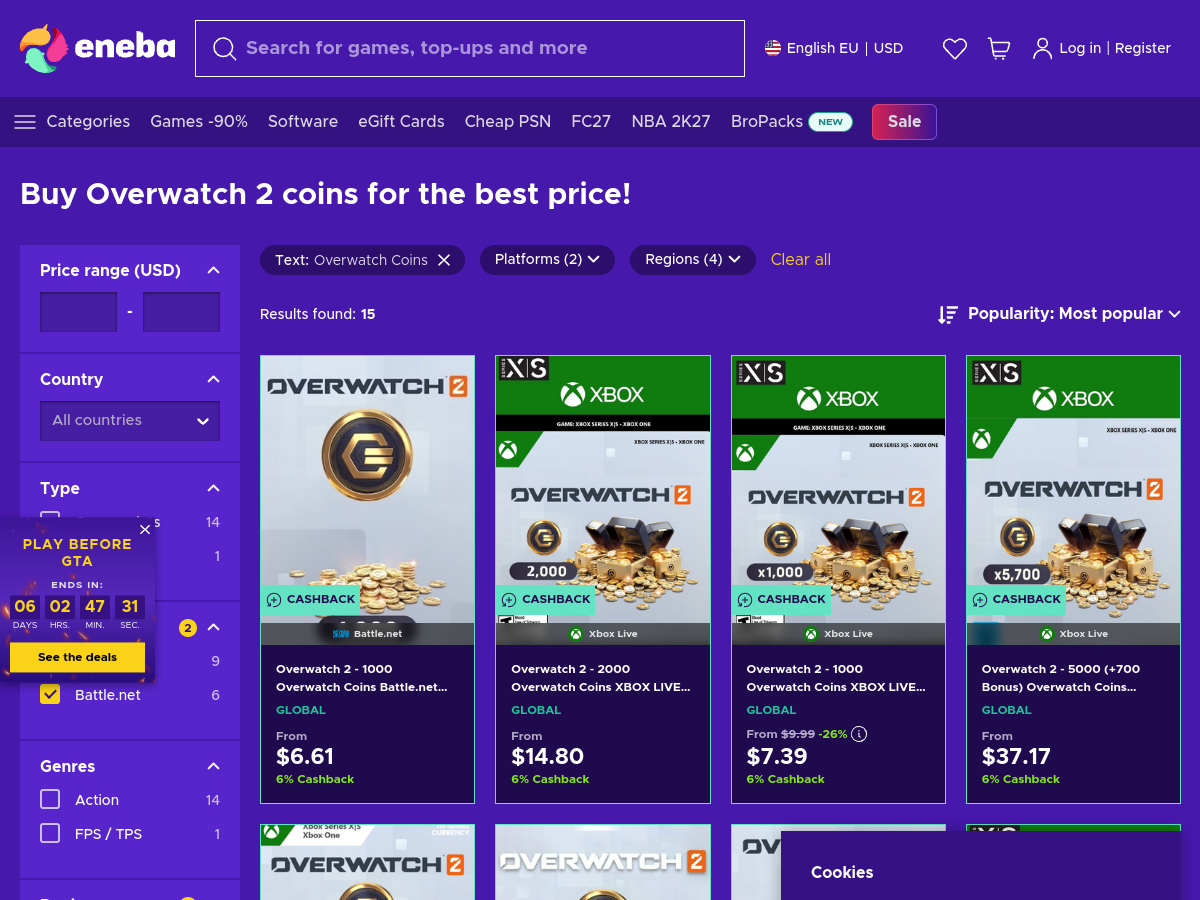 Page Eneba listant les Overwatch Coins en vente (capture du 8 septembre 2026) : pack de 1000 pièces Battle.net dès 6,61 dollars, pack Xbox Live de 1000 pièces à 7,39 dollars avec 26 % de réduction affichée, pack Xbox Live de 2000 pièces à 14,80 dollars