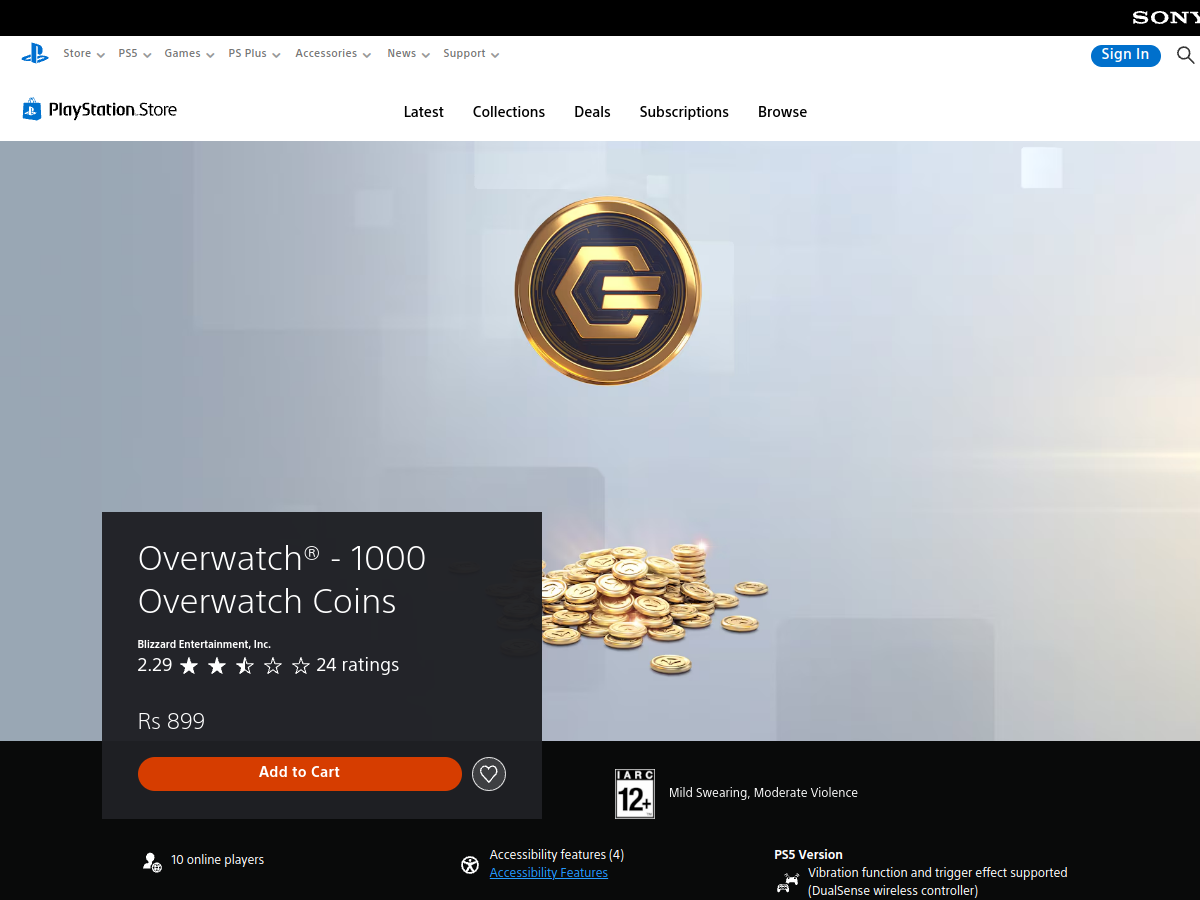 Fiche PlayStation Store Inde pour le pack de 1000 Overwatch Coins (capture du 8 septembre 2026) : prix affiché 899 roupies, soit environ 9,50 dollars au taux de change du jour