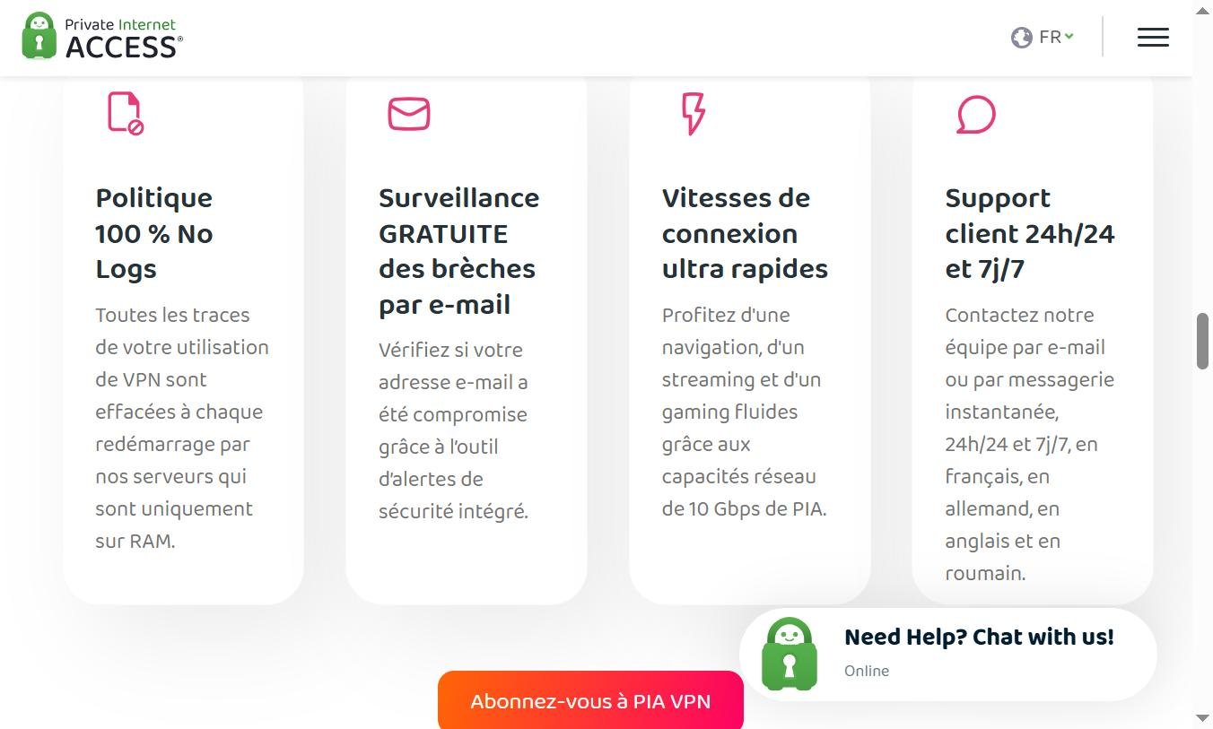 Politique 100% no-log, surveillance gratuite des brèches, vitesses 10 Gbps, support 24h/24