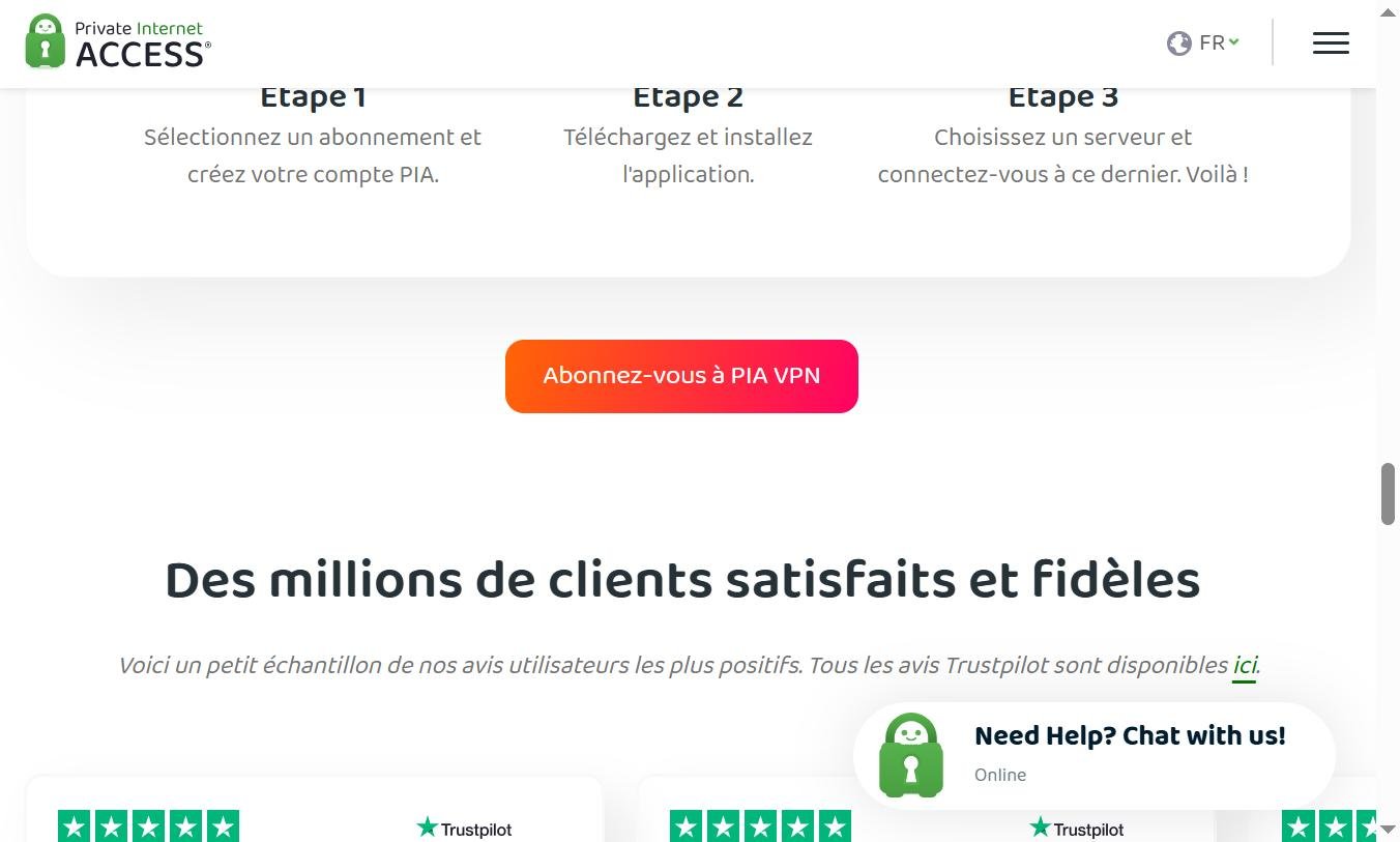 Installation PIA en 3 étapes — créer un compte, télécharger l'app, se connecter — Trustpilot 5 étoiles
