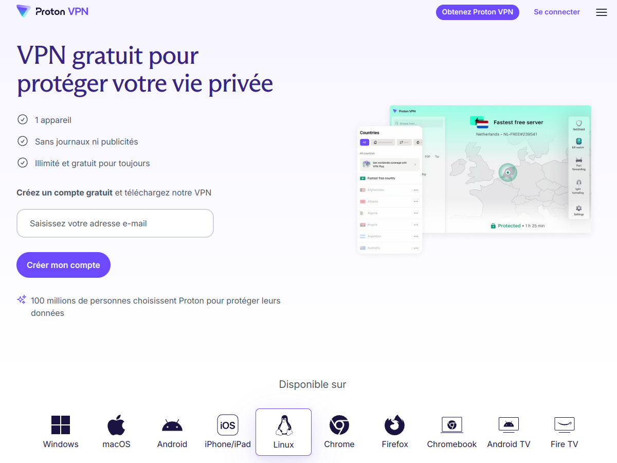Official Proton VPN free page (screenshot taken July 17, 2026): "1 device, no logs or ads, unlimited and free forever", available on Windows, macOS, Android, iPhone, Linux, Chromebook, Android TV and Fire TV