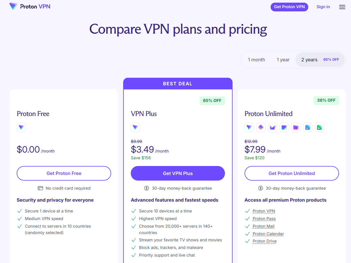 Official Proton VPN pricing page (screenshot taken October 18, 2026): Proton Free at $0 (1 device, medium speed, 10 random countries), VPN Plus at $3.49/month on a 2-year plan (65% off), Proton Unlimited at $7.99/month