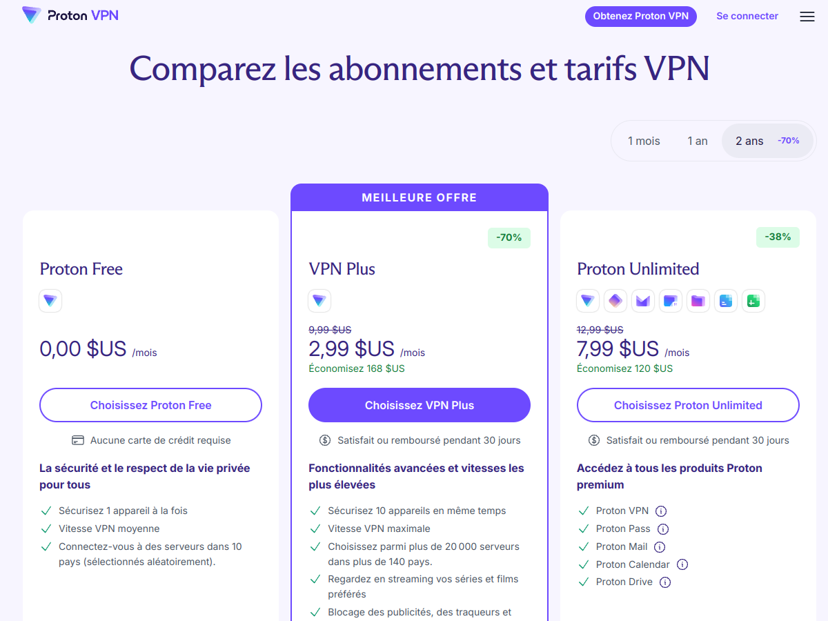 Official Proton VPN pricing page (screenshot taken July 17, 2026): Proton Free at $0, VPN Plus at $2.99/month on a 2-year plan (-70%), Proton Unlimited at $7.99/month