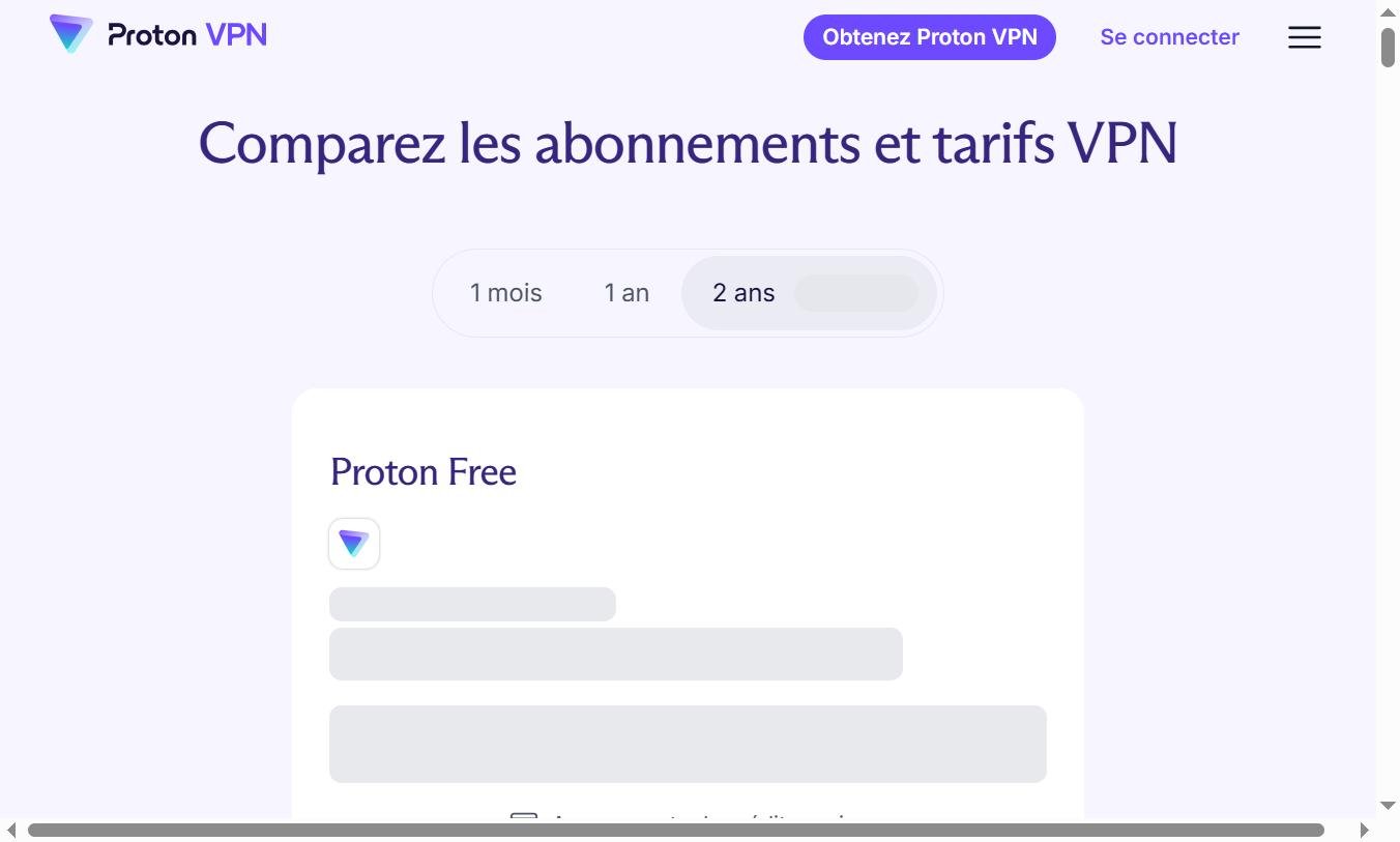 Comparaison des abonnements et tarifs Proton VPN — plans 1 mois, 1 an, 2 ans avec offre Proton Free