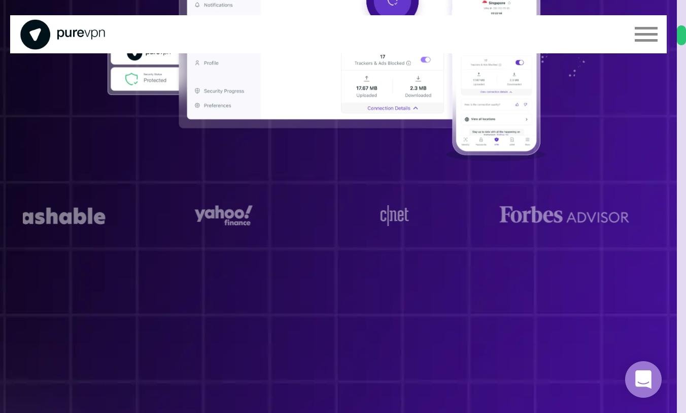Application PureVPN — interface dashboard avec statistiques de connexion et serveur Singapour